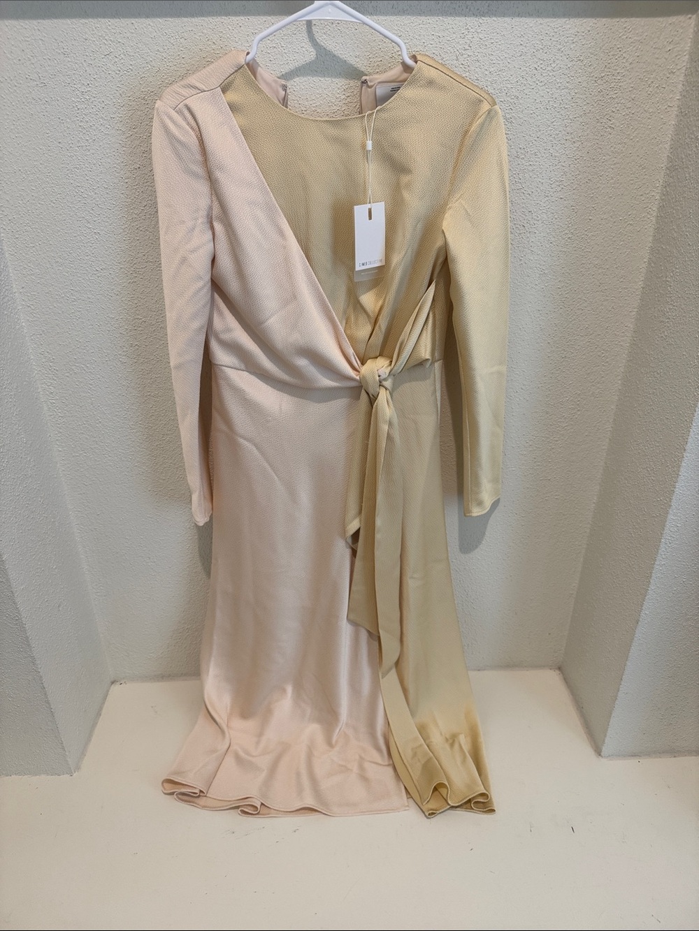 Long Sleeve Two-Tone Wrap Dress in Blush and Beige
